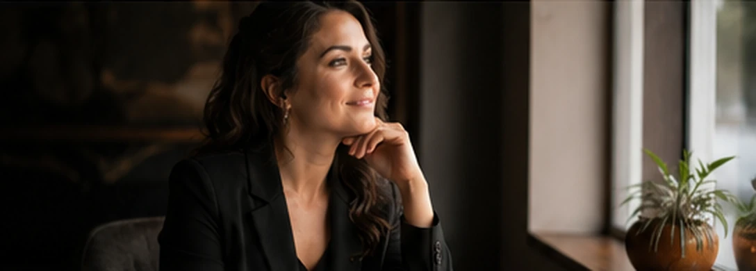 Mulher adulta em ambiente elegante, olhando para o futuro com serenidade